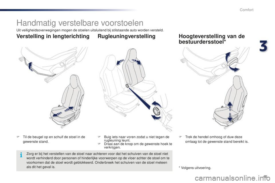 PEUGEOT 108 2015 Instructieboekje (in Dutch) 45
108_nl_Chap03_confort_ed01-2015
Handmatig verstelbare voorstoelen
F Til de beugel op en schuif de stoel in de gewenste stand. F
T rek de hendel omhoog of duw deze
omlaag tot de gewenste stand ber PEUGEOT 108 2015 Instructieboekje (in Dutch) 45
108_nl_Chap03_confort_ed01-2015
Handmatig verstelbare voorstoelen
F Til de beugel op en schuif de stoel in de gewenste stand. F
T rek de hendel omhoog of duw deze
omlaag tot de gewenste stand ber