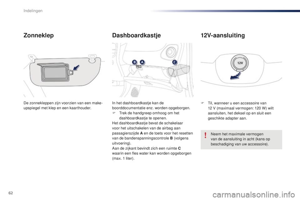 PEUGEOT 108 2015 Instructieboekje (in Dutch) 62
108_nl_Chap04_amenagements_ed01-2015
Dashboardkastje
Zonneklep
De zonnekleppen zijn voorzien van een make-
upspiegel met klep en een kaarthouder. In het dashboardkastje kan de
boorddocumentatie en PEUGEOT 108 2015 Instructieboekje (in Dutch) 62
108_nl_Chap04_amenagements_ed01-2015
Dashboardkastje
Zonneklep
De zonnekleppen zijn voorzien van een make-
upspiegel met klep en een kaarthouder. In het dashboardkastje kan de
boorddocumentatie en