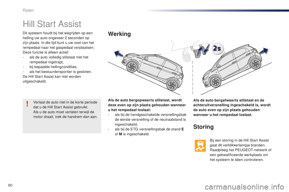 PEUGEOT 108 2015 Instructieboekje (in Dutch) 80
108_nl_Chap05_conduite_ed01-2015
Hill Start Assist
Dit systeem houdt bij het wegrijden op een
helling uw auto ongeveer 2 seconden op
zijn plaats. In die tijd kunt u uw voet van het
rempedaal na PEUGEOT 108 2015 Instructieboekje (in Dutch) 80
108_nl_Chap05_conduite_ed01-2015
Hill Start Assist
Dit systeem houdt bij het wegrijden op een
helling uw auto ongeveer 2 seconden op
zijn plaats. In die tijd kunt u uw voet van het
rempedaal na