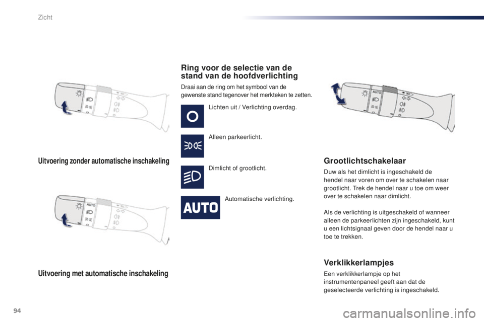 PEUGEOT 108 2015 Instructieboekje (in Dutch) 94
108_nl_Chap06_visibilite_ed01-2015
Uitvoering zonder automatische inschakeling
Uitvoering met automatische inschakeling
Ring voor de selectie van de
stand van de hoofdverlichting
Draai aan de ring PEUGEOT 108 2015 Instructieboekje (in Dutch) 94
108_nl_Chap06_visibilite_ed01-2015
Uitvoering zonder automatische inschakeling
Uitvoering met automatische inschakeling
Ring voor de selectie van de
stand van de hoofdverlichting
Draai aan de ring