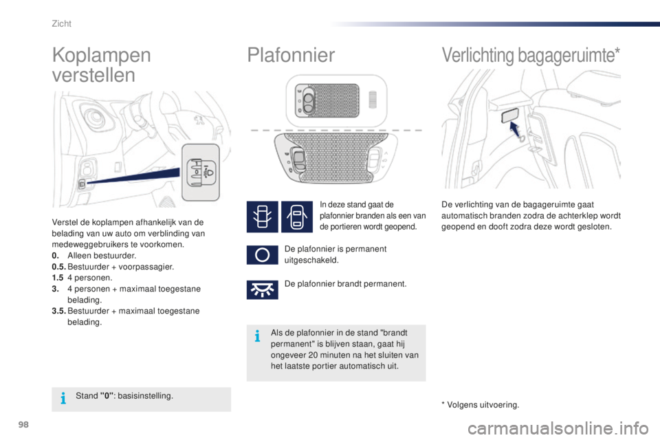 PEUGEOT 108 2015 Instructieboekje (in Dutch) 98
108_nl_Chap06_visibilite_ed01-2015
Koplampen
verstellen
Verstel de koplampen afhankelijk van de
belading van uw auto om verblinding van
medeweggebruikers te voorkomen.
0.
A
lleen bestuurder.
0. PEUGEOT 108 2015 Instructieboekje (in Dutch) 98
108_nl_Chap06_visibilite_ed01-2015
Koplampen
verstellen
Verstel de koplampen afhankelijk van de
belading van uw auto om verblinding van
medeweggebruikers te voorkomen.
0.
A
lleen bestuurder.
0.