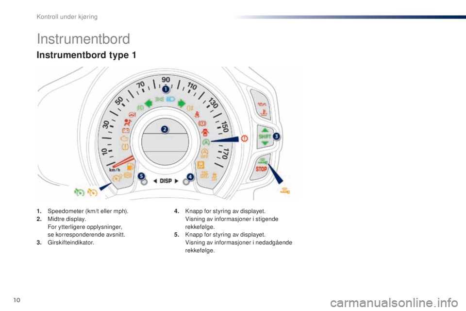 PEUGEOT 108 2015  Instruksjoner for bruk (in Norwegian) 10
Instrumentbord
Instrumentbord type 1
1. Speedometer (km/t eller mph).
2. Midtre display.
 F

or ytterligere opplysninger,  
se korresponderende avsnitt.
3.
 

Girskifteindikator. 4. K
napp for styr