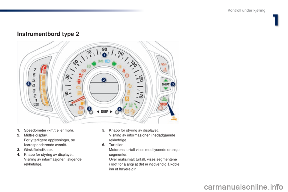 PEUGEOT 108 2015  Instruksjoner for bruk (in Norwegian) 11
108_no_Chap01_controle-de-marche_ed01-2015
1. Speedometer (km/t eller mph).
2. Midtre display.
 F

or ytterligere opplysninger, se 
korresponderende avsnitt.
3.
 

Girskifteindikator.
4.
 K

napp f