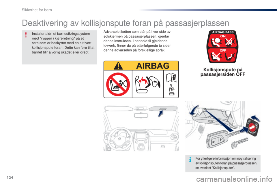 PEUGEOT 108 2015 Instruksjoner for bruk (in Norwegian) 124
108_no_Chap08_securite-enfants_ed01-2015
Kollisjonspute på
passasjersiden OFF
Advarseletiketten som står på hver side av
solskjermen på passasjerplassen, gjentar
denne instruksen. I henhol PEUGEOT 108 2015 Instruksjoner for bruk (in Norwegian) 124
108_no_Chap08_securite-enfants_ed01-2015
Kollisjonspute på
passasjersiden OFF
Advarseletiketten som står på hver side av
solskjermen på passasjerplassen, gjentar
denne instruksen. I henhol