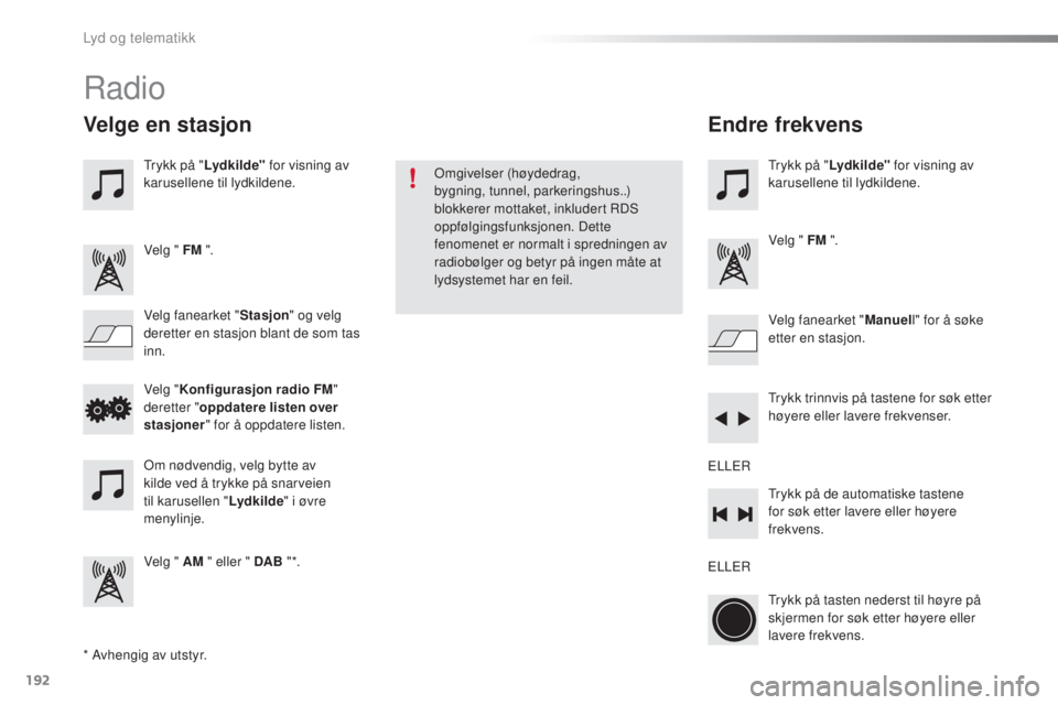 PEUGEOT 108 2015 Instruksjoner for bruk (in Norwegian) 192
108_no_Chap12a_Autoradio-Toyota-tactile-1_ed01-2015
Radio
* Avhengig av utstyr.
Velge en stasjon
Trykk på "Lydkilde" for visning av
karusellene til lydkildene.
Velg " FM ".
Velg PEUGEOT 108 2015 Instruksjoner for bruk (in Norwegian) 192
108_no_Chap12a_Autoradio-Toyota-tactile-1_ed01-2015
Radio
* Avhengig av utstyr.
Velge en stasjon
Trykk på "Lydkilde" for visning av
karusellene til lydkildene.
Velg " FM ".
Velg