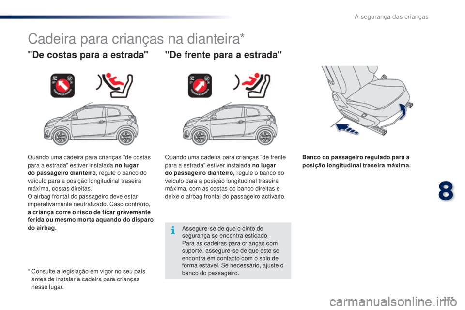 PEUGEOT 108 2015  Manual de utilização (in Portuguese) 123
108_pt_Chap08_securite-enfants_ed01-2015
Cadeira para crianças na dianteira*
"De costas para a estrada" "De frente para a estrada"
Banco do passageiro regulado para a 
posição l