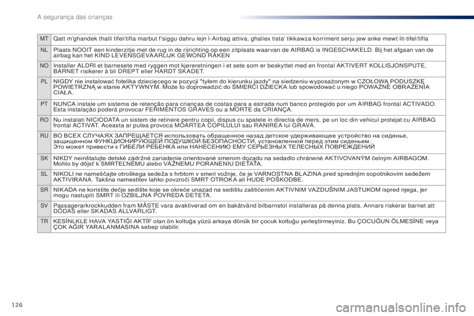 PEUGEOT 108 2015  Manual de utilização (in Portuguese) 126
MTQatt m’ghandek thalli tifel/tifla marbut f’siggu dahru lejn l-Airbag attiva, ghaliex tista’ tikkawza korriment serju jew anke mewt lit-tifel/tifla
NLPlaats NOOIT een kinderzitje met de rug