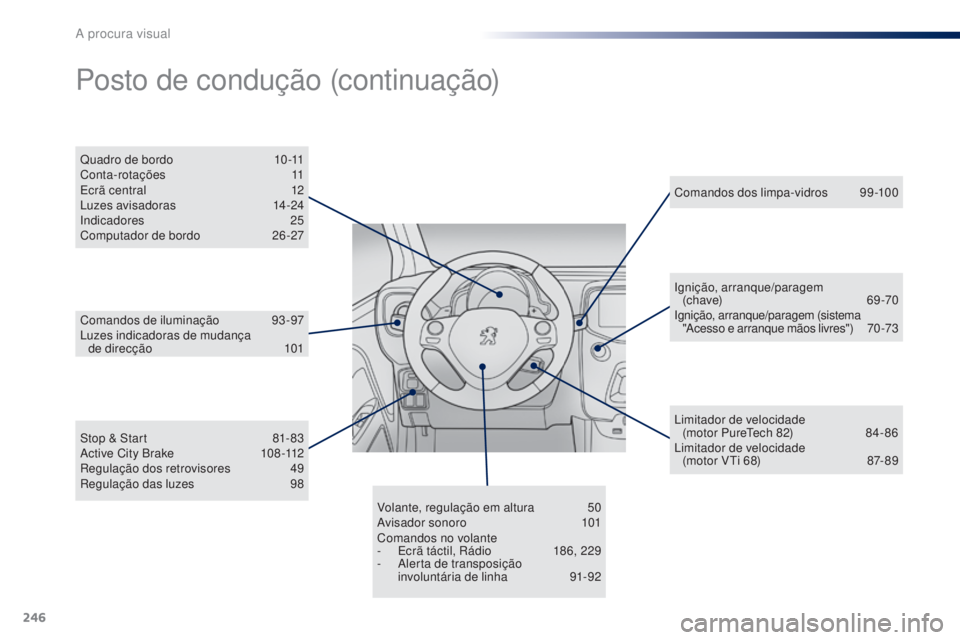 PEUGEOT 108 2015  Manual de utilização (in Portuguese) 246
108_pt_Chap13_recherche-visuelle_ed01-2015
Volante, regulação em altura 50
Avisador sonoro 1 01
Comandos no volante
-
 
E
 crã táctil, Rádio  
1
 86, 229
-
 
A
 lerta de transposição  
invo