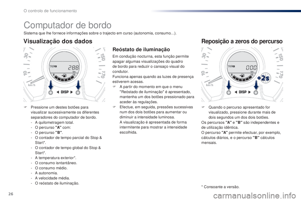 PEUGEOT 108 2015 Manual de utilização (in Portuguese) 26
Computador de bordo
Sistema que lhe fornece informações sobre o trajecto em curso (autonomia, consumo…).
Visualização dos dados
F Pressione um destes botões para visualizar sucessivamente os PEUGEOT 108 2015 Manual de utilização (in Portuguese) 26
Computador de bordo
Sistema que lhe fornece informações sobre o trajecto em curso (autonomia, consumo…).
Visualização dos dados
F Pressione um destes botões para visualizar sucessivamente os