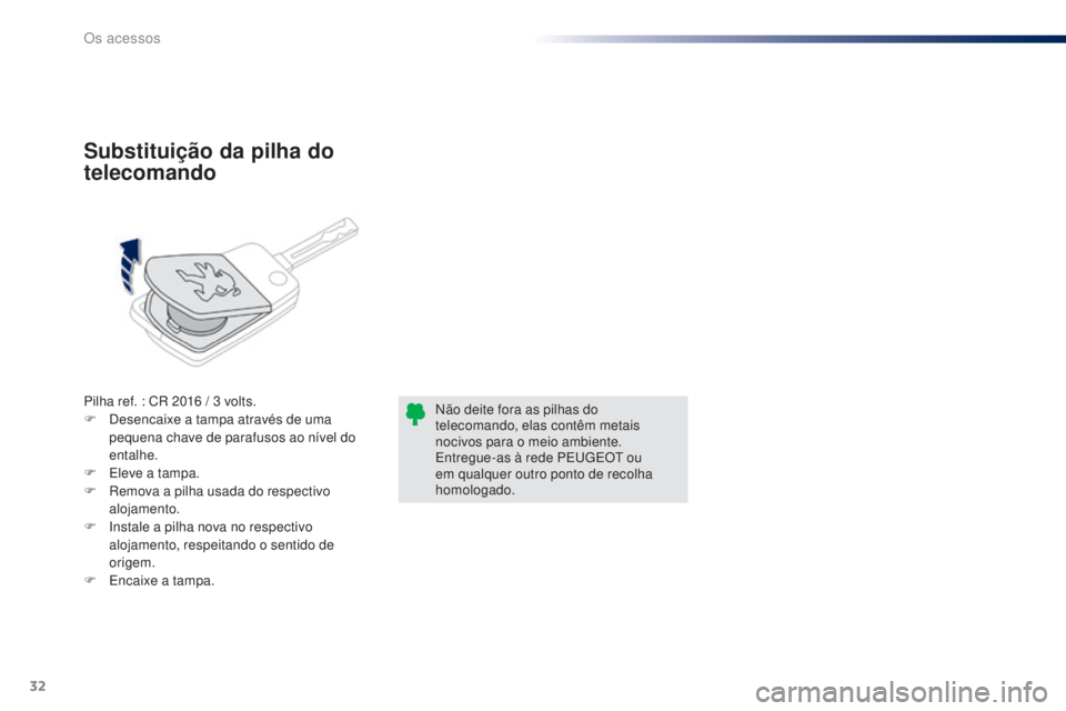 PEUGEOT 108 2015 Manual de utilização (in Portuguese) 32
108_pt_Chap02_ouvertures_ed01-2015
Pilha ref. : CR 2016 / 3 volts.
F D esencaixe a tampa através de uma
pequena chave de parafusos ao nÃvel do
entalhe.
F
E
leve a tampa.
F
R
emova a pilh PEUGEOT 108 2015 Manual de utilização (in Portuguese) 32
108_pt_Chap02_ouvertures_ed01-2015
Pilha ref. : CR 2016 / 3 volts.
F D esencaixe a tampa através de uma
pequena chave de parafusos ao nÃvel do
entalhe.
F
E
leve a tampa.
F
R
emova a pilh