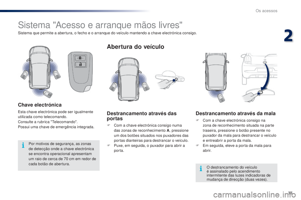 PEUGEOT 108 2015 Manual de utilização (in Portuguese) 33
108_pt_Chap02_ouvertures_ed01-2015
Sistema "Acesso e arranque mãos livres"
Sistema que permite a abertura, o fecho e o arranque do veÃculo mantendo a chave electrónica consigo.
Chave ele PEUGEOT 108 2015 Manual de utilização (in Portuguese) 33
108_pt_Chap02_ouvertures_ed01-2015
Sistema "Acesso e arranque mãos livres"
Sistema que permite a abertura, o fecho e o arranque do veÃculo mantendo a chave electrónica consigo.
Chave ele