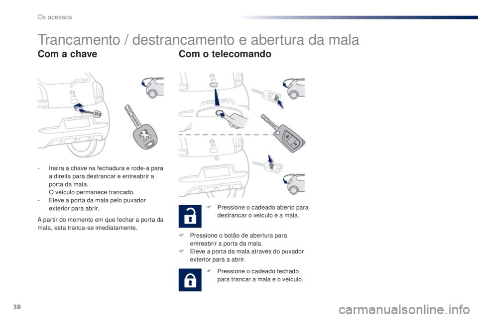 PEUGEOT 108 2015 Manual de utilização (in Portuguese) 38
108_pt_Chap02_ouvertures_ed01-2015
Trancamento / destrancamento e abertura da mala
Com a chaveCom o telecomando
F Pressione o cadeado aberto para
destrancar o veÃculo e a mala.
-
I
nsira a cha PEUGEOT 108 2015 Manual de utilização (in Portuguese) 38
108_pt_Chap02_ouvertures_ed01-2015
Trancamento / destrancamento e abertura da mala
Com a chaveCom o telecomando
F Pressione o cadeado aberto para
destrancar o veÃculo e a mala.
-
I
nsira a cha