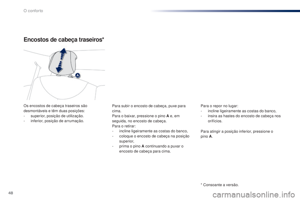 PEUGEOT 108 2015 Manual de utilização (in Portuguese) 48
108_pt_Chap03_confort_ed01-2015
Encostos de cabeça traseiros*
Os encostos de cabeça traseiros são
desmontáveis e têm duas posições:
-
s
uperior, posição de utilização.
-
i
nferior, PEUGEOT 108 2015 Manual de utilização (in Portuguese) 48
108_pt_Chap03_confort_ed01-2015
Encostos de cabeça traseiros*
Os encostos de cabeça traseiros são
desmontáveis e têm duas posições:
-
s
uperior, posição de utilização.
-
i
nferior,