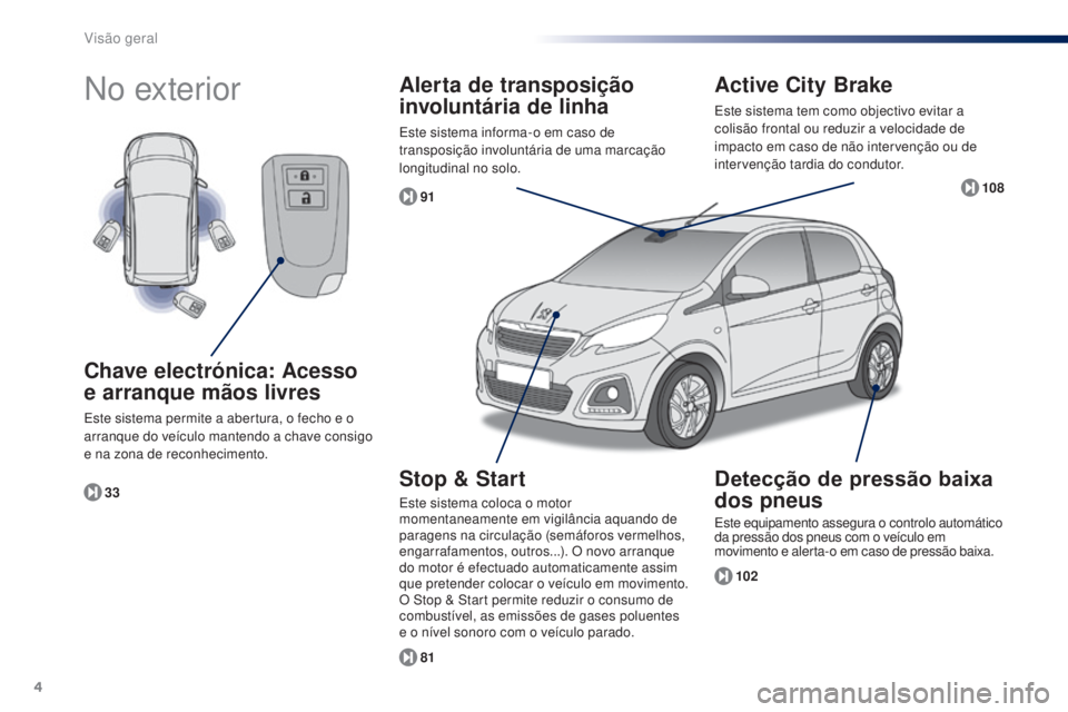 PEUGEOT 108 2015  Manual de utilização (in Portuguese) 4
108_pt_Chap00b_vue-ensemble_ed01-2015
No exterior
102
81 91
33
Chave electrónica: Acesso 
e arranque mãos livres
Este sistema permite a abertura, o fecho e o 
arranque do veículo mantendo a chave