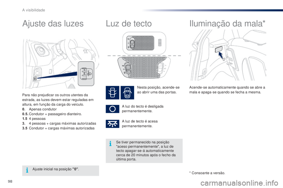 PEUGEOT 108 2015 Manual de utilização (in Portuguese) 98
108_pt_Chap06_visibilite_ed01-2015
Ajuste das luzes
Para não prejudicar os outros utentes da
estrada, as luzes devem estar reguladas em
altura, em função da carga do veículo.
0.
A
penas c PEUGEOT 108 2015 Manual de utilização (in Portuguese) 98
108_pt_Chap06_visibilite_ed01-2015
Ajuste das luzes
Para não prejudicar os outros utentes da
estrada, as luzes devem estar reguladas em
altura, em função da carga do veículo.
0.
A
penas c