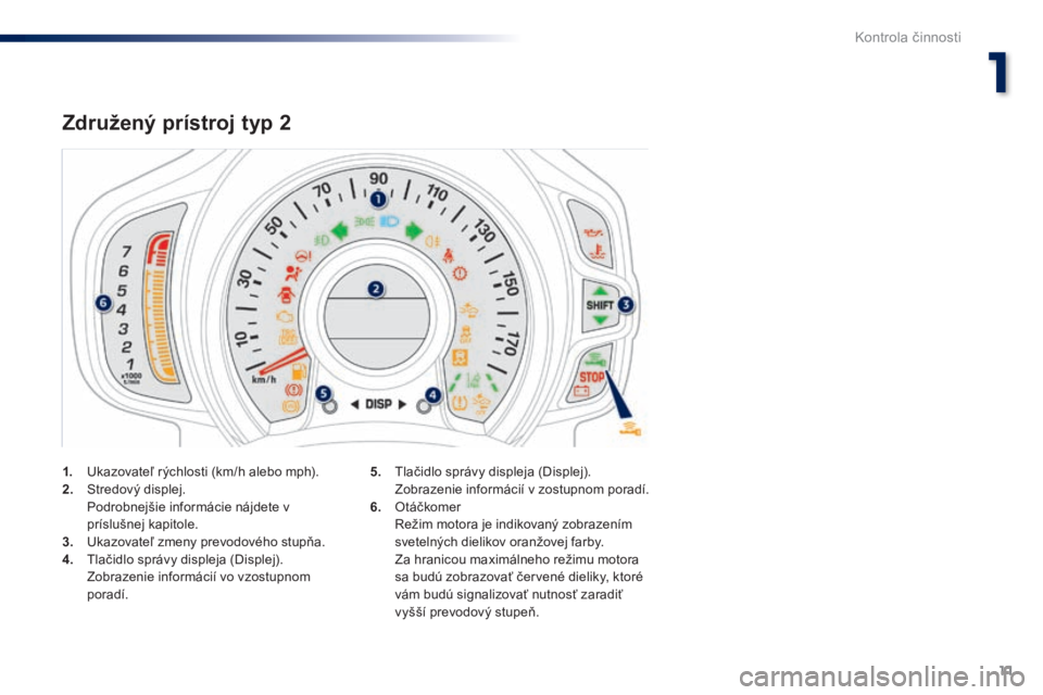 PEUGEOT 108 2015  Návod na použitie (in Slovakian) 11
108_sk_Chap01_controle-de-marche_ed01-2015
1. Ukazovateľ rýchlosti (km/h alebo mph).
2. Stredový displej.
 P

odrobnejšie informácie nájdete v 
príslušnej kapitole.
3.
 U

kazovateľ zmeny 