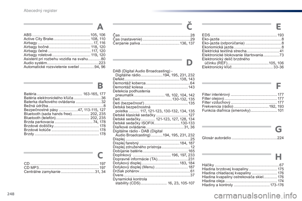 PEUGEOT 108 2015  Návod na použitie (in Slovakian) 248
108_sk_Chap14_index-alpha_ed01-2015
ABS .......................................................105, 10 6
Active City Brake  ................................... 10
8, 11 0
Airbagy
 ...............
