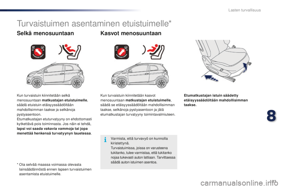 PEUGEOT 108 2015  Omistajan Käsikirja (in Finnish) 123
108_fi_Chap08_securite-enfants_ed01-2015
Turvaistuimen asentaminen etuistuimelle*
Selkä menosuuntaan Kasvot menosuuntaan
Etumatkustajan istuin säädetty 
etäisyyssäädöltään mahdollisimman 