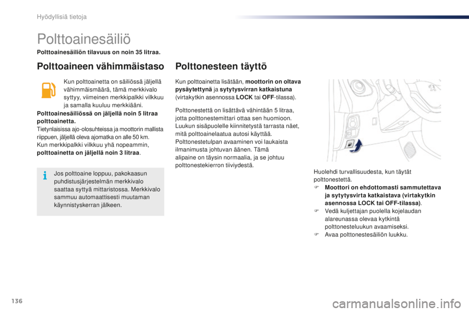 PEUGEOT 108 2015  Omistajan Käsikirja (in Finnish) 136
108_fi_Chap09_info-pratiques_ed01-2015
Polttoainesäiliö
Polttoaineen vähimmäistasoPolttonesteen täyttö
Kun polttoainetta on säiliössä jäljellä 
vähimmäismäärä, tämä merkkivalo 
s