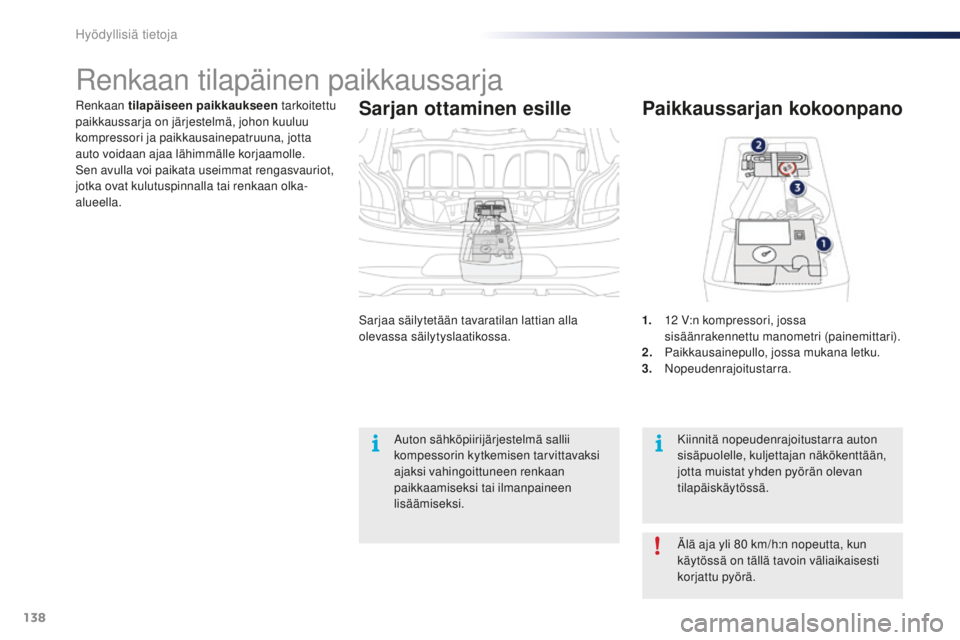PEUGEOT 108 2015  Omistajan Käsikirja (in Finnish) 138
108_fi_Chap09_info-pratiques_ed01-2015
Renkaan tilapäiseen paikkaukseen  tarkoitettu 
paikkaussarja on järjestelmä, johon kuuluu 
kompressori ja paikkausainepatruuna, jotta 
auto voidaan ajaa l