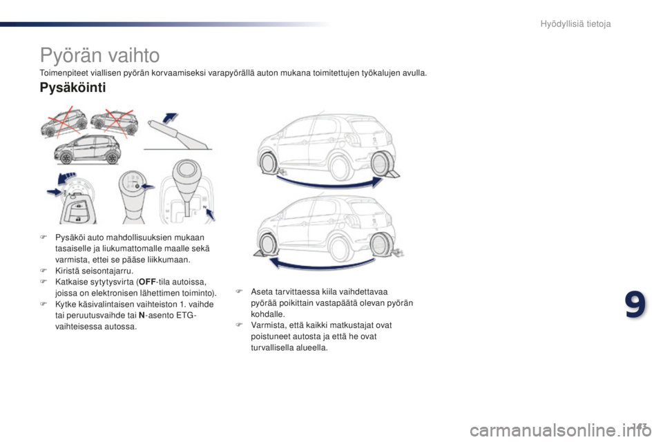 PEUGEOT 108 2015  Omistajan Käsikirja (in Finnish) 143
108_fi_Chap09_info-pratiques_ed01-2015
Pyörän vaihto
F Pysäköi auto mahdollisuuksien mukaan tasaiselle ja liukumattomalle maalle sekä 
varmista, ettei se pääse liikkumaan.
F
 
K
 iristä se