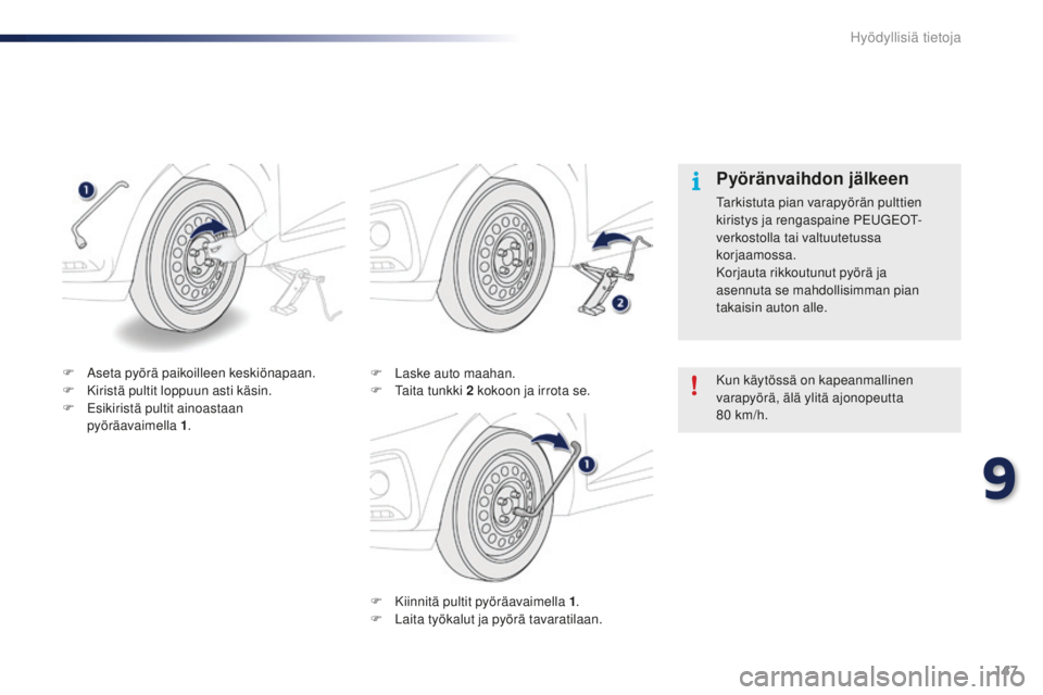PEUGEOT 108 2015  Omistajan Käsikirja (in Finnish) 147
108_fi_Chap09_info-pratiques_ed01-2015
F Kiinnitä pultit pyöräavaimella 1.
F  L aita työkalut ja pyörä tavaratilaan.
F
 
L
 aske auto maahan.
F  
T
 aita tunkki 2 kokoon ja irrota se.
Pyör