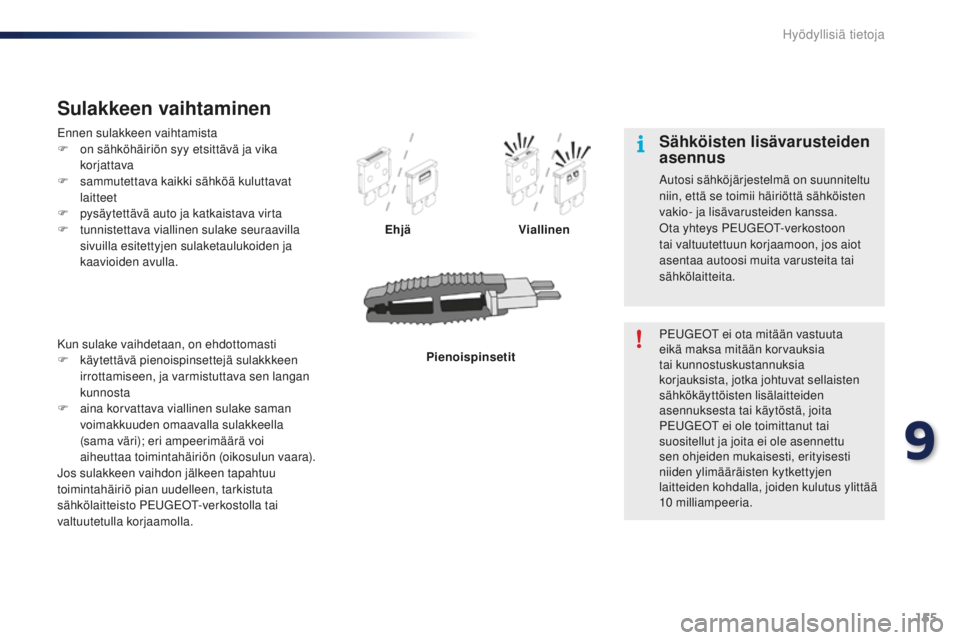 PEUGEOT 108 2015  Omistajan Käsikirja (in Finnish) 155
108_fi_Chap09_info-pratiques_ed01-2015
Ennen sulakkeen vaihtamista
F o n sähköhäiriön syy etsittävä ja vika 
korjattava
F
 
s
 ammutettava kaikki sähköä kuluttavat 
laitteet
F
 
p
 ysäyt