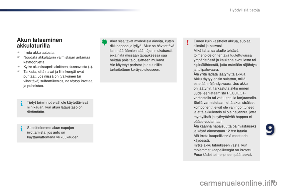 PEUGEOT 108 2015 Omistajan Käsikirja (in Finnish) 165
108_fi_Chap09_info-pratiques_ed01-2015
Akut sisältävät myrkyllisiä aineita, kuten
rikkihappoa ja lyijyä. Akut on hävitettävä
lain määräämien sääntöjen mukaisesti,
eikä niitä mi PEUGEOT 108 2015 Omistajan Käsikirja (in Finnish) 165
108_fi_Chap09_info-pratiques_ed01-2015
Akut sisältävät myrkyllisiä aineita, kuten
rikkihappoa ja lyijyä. Akut on hävitettävä
lain määräämien sääntöjen mukaisesti,
eikä niitä mi