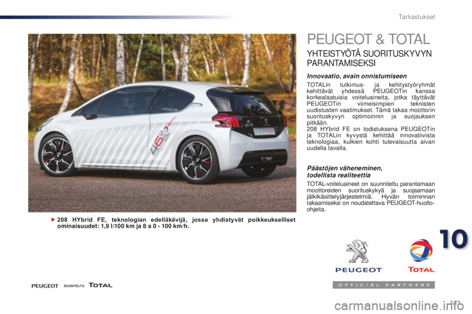 PEUGEOT 108 2015 Omistajan Käsikirja (in Finnish) 171
108_fi_Chap10_verifications_ed01-2015
PEUGEOT & TOTAL
YHTEISTYÖTÄ SUORITUSKYVYN
P
A R A N TA M I S E K S I
Innovaatio, avain onnistumiseen
TOTALin tutkimus- ja kehitystyöryhmät
kehittävät PEUGEOT 108 2015 Omistajan Käsikirja (in Finnish) 171
108_fi_Chap10_verifications_ed01-2015
PEUGEOT & TOTAL
YHTEISTYÖTÄ SUORITUSKYVYN
P
A R A N TA M I S E K S I
Innovaatio, avain onnistumiseen
TOTALin tutkimus- ja kehitystyöryhmät
kehittävät