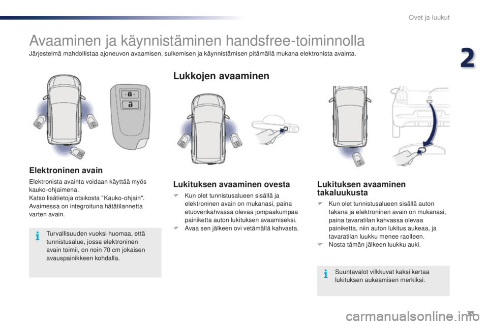 PEUGEOT 108 2015 Omistajan Käsikirja (in Finnish) 33
108_fi_Chap02_ouvertures_ed01-2015
Avaaminen ja käynnistäminen handsfree-toiminnolla
Järjestelmä mahdollistaa ajoneuvon avaamisen, sulkemisen ja käynnistämisen pitämällä mukana elektronist PEUGEOT 108 2015 Omistajan Käsikirja (in Finnish) 33
108_fi_Chap02_ouvertures_ed01-2015
Avaaminen ja käynnistäminen handsfree-toiminnolla
Järjestelmä mahdollistaa ajoneuvon avaamisen, sulkemisen ja käynnistämisen pitämällä mukana elektronist