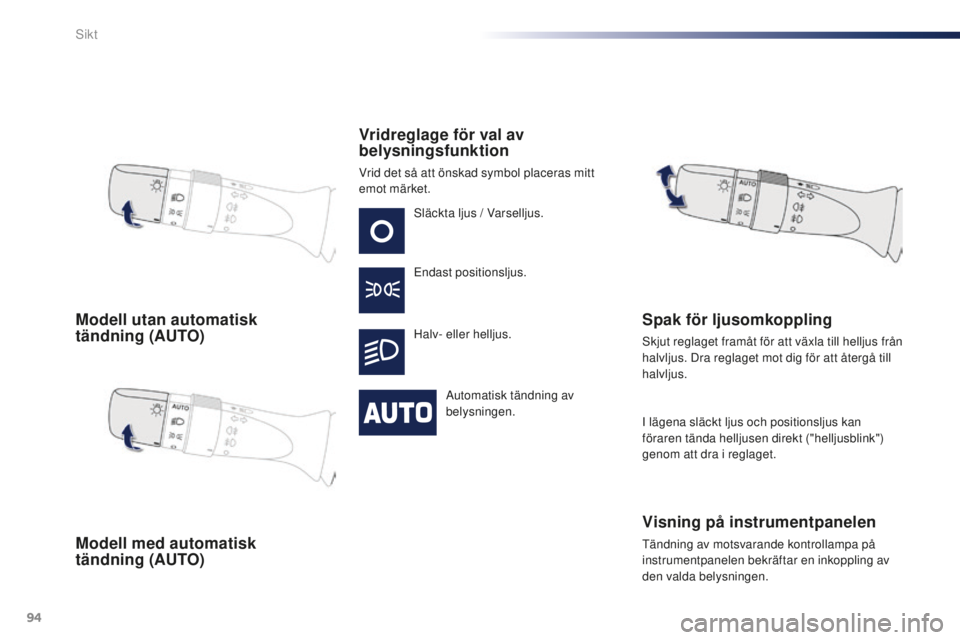 PEUGEOT 108 2015  Bruksanvisningar (in Swedish) 94
108_sv_Chap06_visibilite_ed01-2015
Modell utan automatisk  
tändning (AUTO)
Modell med automatisk  
tändning (AUTO)Vridreglage för val av 
belysningsfunktion
Vrid det så att önskad symbol plac