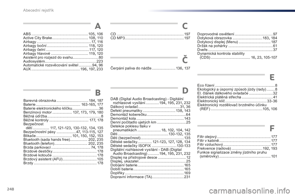 PEUGEOT 108 2015  Návod na použití (in Czech) 248
108_cs_Chap14_index-alpha_ed01-2015
ABS .......................................................105, 10 6
Active City Brake  ................................... 10
8, 11 0
Airbagy
 ...............
