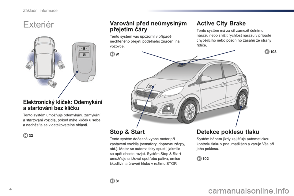 PEUGEOT 108 2015  Návod na použití (in Czech) 4
108_cs_Chap00b_vue-ensemble_ed01-2015
Exteriér
102
81 91
33
Elektronický klíček: Odemykání 
a startování bez klíčku
Tento systém umožňuje odemykání, zamykání 
a startování vozidla