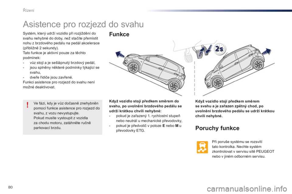 PEUGEOT 108 2015 Návod na použití (in Czech) 80
108_cs_Chap05_conduite_ed01-2015
Asistence pro rozjezd do svahu
Systém, který udrží vozidlo při rozjíždění do
svahu nehybné do doby, než stačíte přemístit
nohu z brzdového pedálu PEUGEOT 108 2015 Návod na použití (in Czech) 80
108_cs_Chap05_conduite_ed01-2015
Asistence pro rozjezd do svahu
Systém, který udrží vozidlo při rozjíždění do
svahu nehybné do doby, než stačíte přemístit
nohu z brzdového pedálu