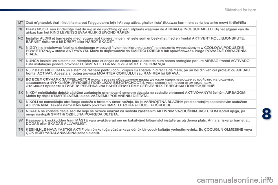 PEUGEOT 108 2014  Brugsanvisning (in Danish) 123
MTQatt m’ghandek thalli tifel/tifla marbut f’siggu dahru lejn l-Airbag attiva, ghaliex tista’ tikkawza korriment serju jew anke mewt lit-tifel/tifla
NLPlaats NOOIT een kinderzitje met de rug