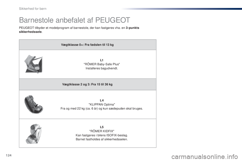 PEUGEOT 108 2014  Brugsanvisning (in Danish) 124
B3_da_Chap08_securite-enfants_ed01-2014
Barnestole anbefalet af PEUGEOT
Vægtklasse 0+: Fra fødslen til 13 kgL1
 "

RÖMER Baby-Safe Plus" Installeres bagudvendt.
Vægtklasse 2
  og 3: Fr