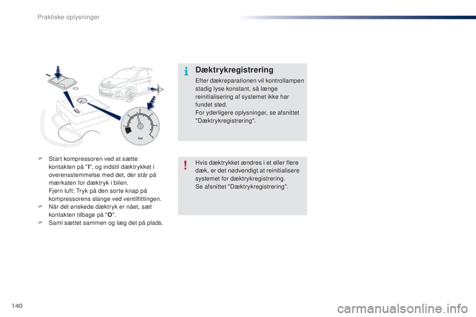 PEUGEOT 108 2014  Brugsanvisning (in Danish) 140
B3_da_Chap09_info-pratiques_ed01-2014
Hvis dæktrykket ændres i et eller flere 
dæk, er det nødvendigt at reinitialisere 
systemet for dæktrykregistrering.
Se afsnittet "Dæktrykregistreri PEUGEOT 108 2014  Brugsanvisning (in Danish) 140
B3_da_Chap09_info-pratiques_ed01-2014
Hvis dæktrykket ændres i et eller flere 
dæk, er det nødvendigt at reinitialisere 
systemet for dæktrykregistrering.
Se afsnittet "Dæktrykregistreri