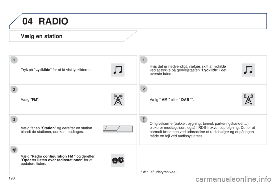 PEUGEOT 108 2014 Brugsanvisning (in Danish) 04
Vælg en station
Omgivelserne (bakker, bygning, tunnel, parkeringskælder…)
blokerer modtagelsen, også i RDS-frekvensopfølgning. Det er et
normalt fænomen ved udbredelse af radiobølger og e PEUGEOT 108 2014 Brugsanvisning (in Danish) 04
Vælg en station
Omgivelserne (bakker, bygning, tunnel, parkeringskælder…)
blokerer modtagelsen, også i RDS-frekvensopfølgning. Det er et
normalt fænomen ved udbredelse af radiobølger og e
