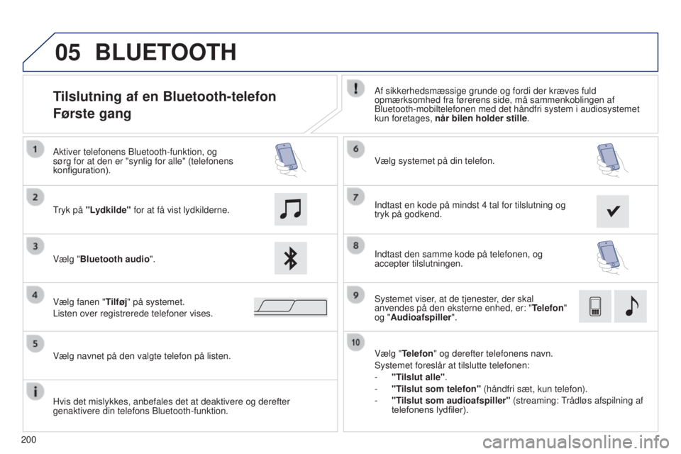 PEUGEOT 108 2014  Brugsanvisning (in Danish) 05
200
Tilslutning af en Bluetooth-telefon
Første gangAf sikkerhedsmæssige grunde og fordi der kræves fuld 
opmærksomhed fra førerens side, må sammenkoblingen af 
Bluetooth-mobiltelefonen med de