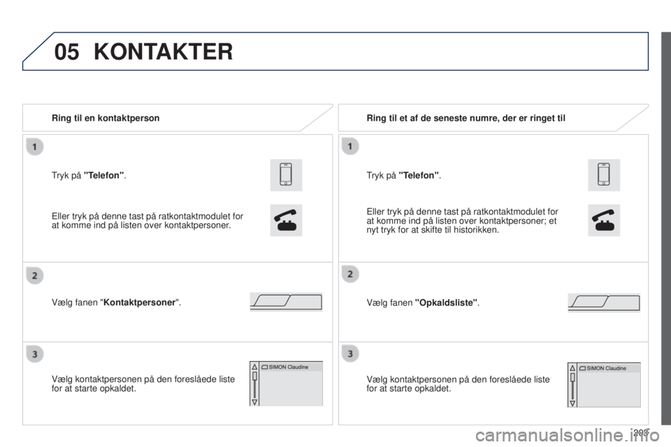 PEUGEOT 108 2014  Brugsanvisning (in Danish) 05
203
B3_da_Chap12a_Autoradio-Toyota-tactile-1_ed01-2014
Tryk på "Telefon". Ring til en kontaktperson
Vælg fanen "Kontaktpersoner".
Vælg kontaktpersonen på den foreslåede liste 
