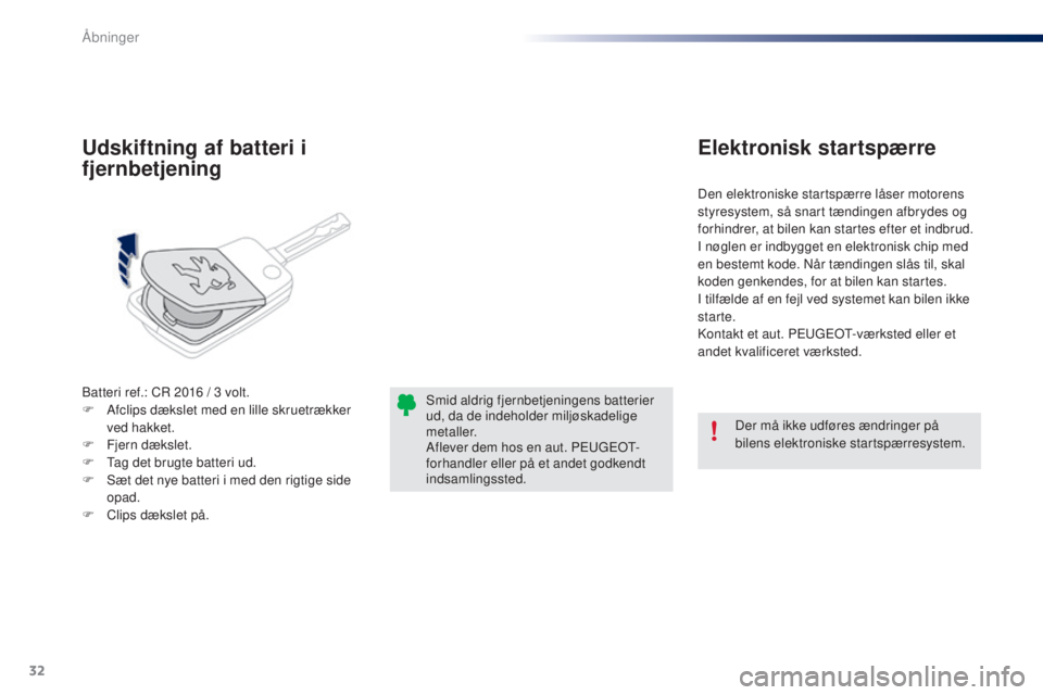PEUGEOT 108 2014 Brugsanvisning (in Danish) 32
B3_da_Chap02_ouvertures_ed01-2014
Batteri ref.: CR 2016 / 3 volt.
F A fclips dækslet med en lille skruetrækker
ved hakket.
F
F
jern dækslet.
F
T
ag det brugte batteri ud.
F
S
æt det PEUGEOT 108 2014 Brugsanvisning (in Danish) 32
B3_da_Chap02_ouvertures_ed01-2014
Batteri ref.: CR 2016 / 3 volt.
F A fclips dækslet med en lille skruetrækker
ved hakket.
F
F
jern dækslet.
F
T
ag det brugte batteri ud.
F
S
æt det