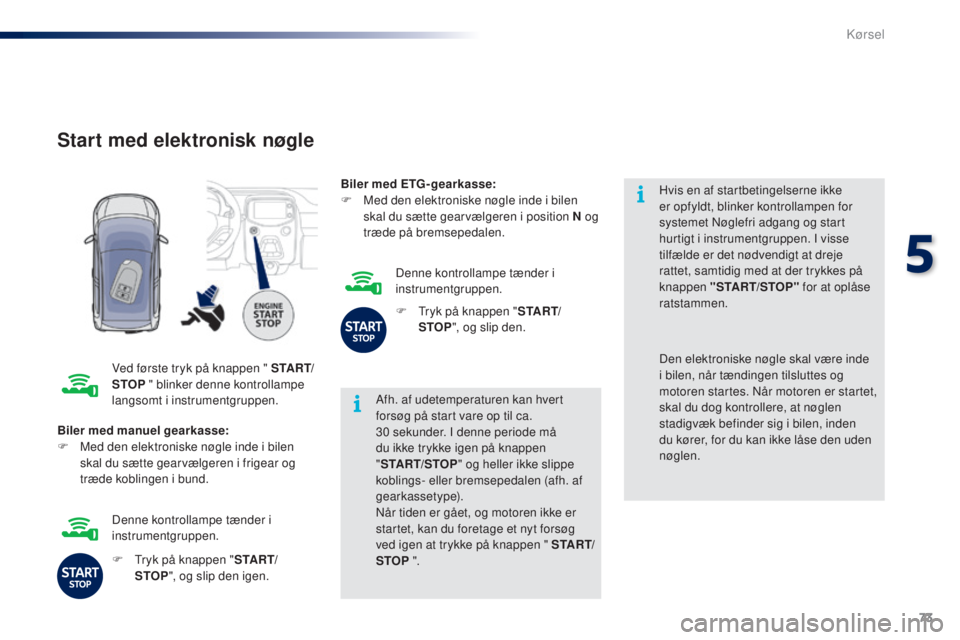 PEUGEOT 108 2014  Brugsanvisning (in Danish) 73
B3_da_Chap05_conduite_ed01-2014
Start med elektronisk nøgle
Ved første tryk på knappen " S TA R T/
STOP " blinker denne kontrollampe 
langsomt i instrumentgruppen. Afh. af udetemperature PEUGEOT 108 2014  Brugsanvisning (in Danish) 73
B3_da_Chap05_conduite_ed01-2014
Start med elektronisk nøgle
Ved første tryk på knappen " S TA R T/
STOP " blinker denne kontrollampe 
langsomt i instrumentgruppen. Afh. af udetemperature