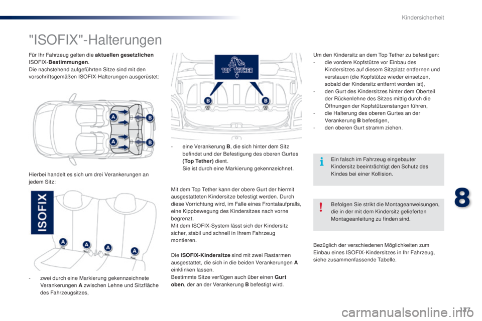 PEUGEOT 108 2014 Betriebsanleitungen (in German) 127
B3_de_Chap08_securite-enfants_ed01-2014
Für Ihr Fahrzeug gelten die aktuellen gesetzlichen
ISOFIX- Bestimmungen .
Die nachstehend aufgeführ ten Sitze sind mit den
vorschriftsgemäßen ISOFIX-H PEUGEOT 108 2014 Betriebsanleitungen (in German) 127
B3_de_Chap08_securite-enfants_ed01-2014
Für Ihr Fahrzeug gelten die aktuellen gesetzlichen
ISOFIX- Bestimmungen .
Die nachstehend aufgeführ ten Sitze sind mit den
vorschriftsgemäßen ISOFIX-H