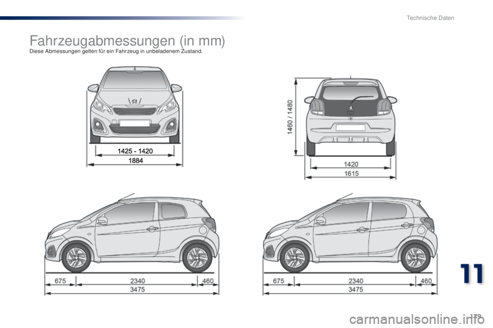PEUGEOT 108 2014  Betriebsanleitungen (in German) 179
B3_de_Chap11_caracteristiques-techniques_ed01-2014
Fahrzeugabmessungen (in mm)Diese Abmessungen gelten für ein Fahrzeug in unbeladenem Zustand.
11 
Technische Daten  