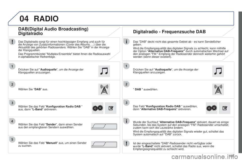 PEUGEOT 108 2014 Betriebsanleitungen (in German) 04
193
B3_de_Chap12a_Autoradio-Toyota-tactile-1_ed01-2014
RADIO
Wurde der Suchlauf "Alternative DAB-Frequenz" aktiviert, dauert es einige
Sekunden, bis das System auf den analogen "FM" PEUGEOT 108 2014 Betriebsanleitungen (in German) 04
193
B3_de_Chap12a_Autoradio-Toyota-tactile-1_ed01-2014
RADIO
Wurde der Suchlauf "Alternative DAB-Frequenz" aktiviert, dauert es einige
Sekunden, bis das System auf den analogen "FM"