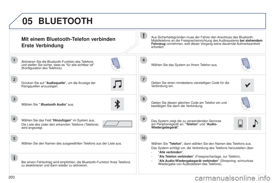 PEUGEOT 108 2014 Betriebsanleitungen (in German) 05
200
Mit einem Bluetooth-Telefon verbinden
Erste VerbindungAus Sicherheitsgründen muss der Fahrer den Anschluss des Bluetooth-
Mobiltelefons an die Freisprecheinrichtung des Audiosystems bei stehe PEUGEOT 108 2014 Betriebsanleitungen (in German) 05
200
Mit einem Bluetooth-Telefon verbinden
Erste VerbindungAus Sicherheitsgründen muss der Fahrer den Anschluss des Bluetooth-
Mobiltelefons an die Freisprecheinrichtung des Audiosystems bei stehe