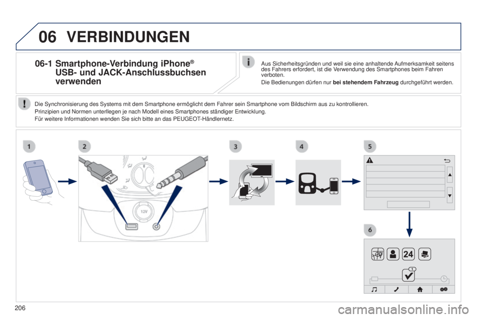 PEUGEOT 108 2014 Betriebsanleitungen (in German) 06
206
06-1 Smartphone-Verbindung iPhone®
USB- und JACK-Anschlussbuchsen
verwenden
VERBINDUNGEN
Aus Sicherheitsgründen und weil sie eine anhaltende Aufmerksamkeit seitens
des Fahrers erfordert, PEUGEOT 108 2014 Betriebsanleitungen (in German) 06
206
06-1 Smartphone-Verbindung iPhone®
USB- und JACK-Anschlussbuchsen
verwenden
VERBINDUNGEN
Aus Sicherheitsgründen und weil sie eine anhaltende Aufmerksamkeit seitens
des Fahrers erfordert,