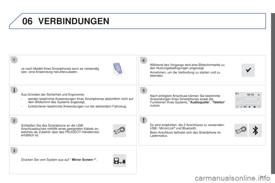 PEUGEOT 108 2014 Betriebsanleitungen (in German) 06
2 11
B3_de_Chap12a_Autoradio-Toyota-tactile-1_ed01-2014
Es wird empfohlen, die 2 Anschlüsse zu verwenden:
USB / MirrorLink® und Bluetooth.
Beim Anschluss befindet sich das Smartphone im
Lademod PEUGEOT 108 2014 Betriebsanleitungen (in German) 06
2 11
B3_de_Chap12a_Autoradio-Toyota-tactile-1_ed01-2014
Es wird empfohlen, die 2 Anschlüsse zu verwenden:
USB / MirrorLink® und Bluetooth.
Beim Anschluss befindet sich das Smartphone im
Lademod