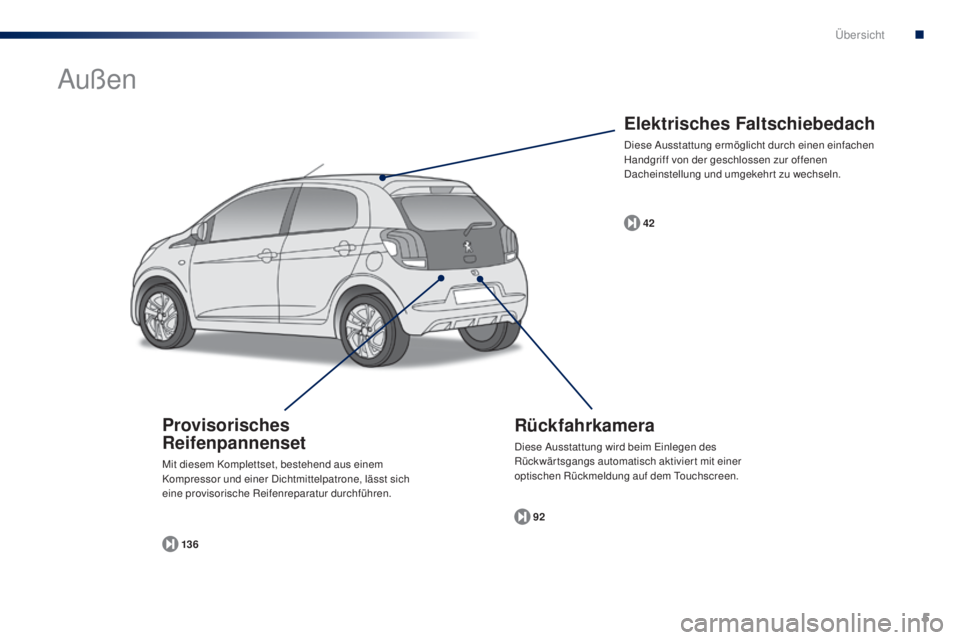 PEUGEOT 108 2014  Betriebsanleitungen (in German) 5
B3_de_Chap00b_vue-ensemble_ed01-2014
Elektrisches Faltschiebedach
Diese Ausstattung ermöglicht durch einen einfachen 
Handgriff von der geschlossen zur offenen 
Dacheinstellung und umgekehrt zu wec