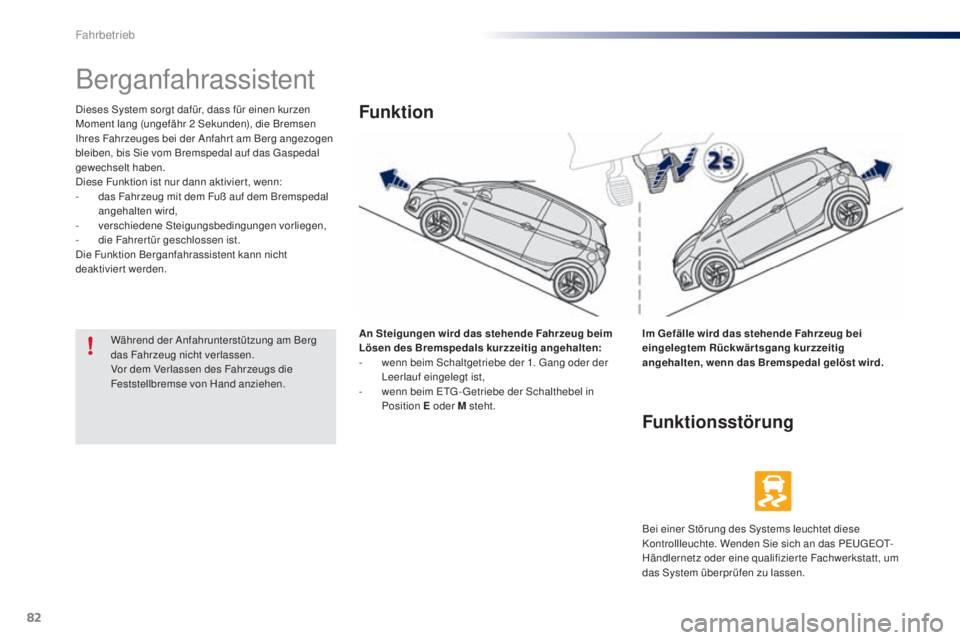 PEUGEOT 108 2014 Betriebsanleitungen (in German) 82
B3_de_Chap05_conduite_ed01-2014
Berganfahrassistent
Dieses System sorgt dafür, dass für einen kurzen
Moment lang (ungefähr 2 Sekunden), die Bremsen
Ihres Fahrzeuges bei der Anfahr t am Berg an PEUGEOT 108 2014 Betriebsanleitungen (in German) 82
B3_de_Chap05_conduite_ed01-2014
Berganfahrassistent
Dieses System sorgt dafür, dass für einen kurzen
Moment lang (ungefähr 2 Sekunden), die Bremsen
Ihres Fahrzeuges bei der Anfahr t am Berg an